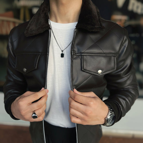 Hollywood Style Coffee Diamond-Cut Leather Jacket