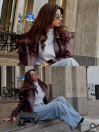 Burgundy Leather Jacket (For Women)