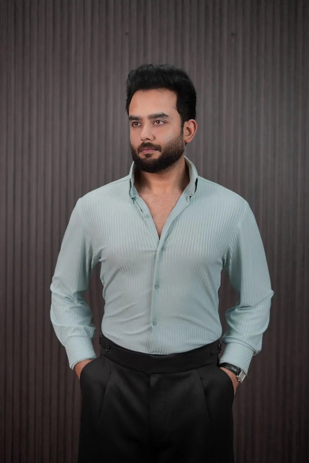 Men wearing mint pinstripe slim fit formal shirt – front view