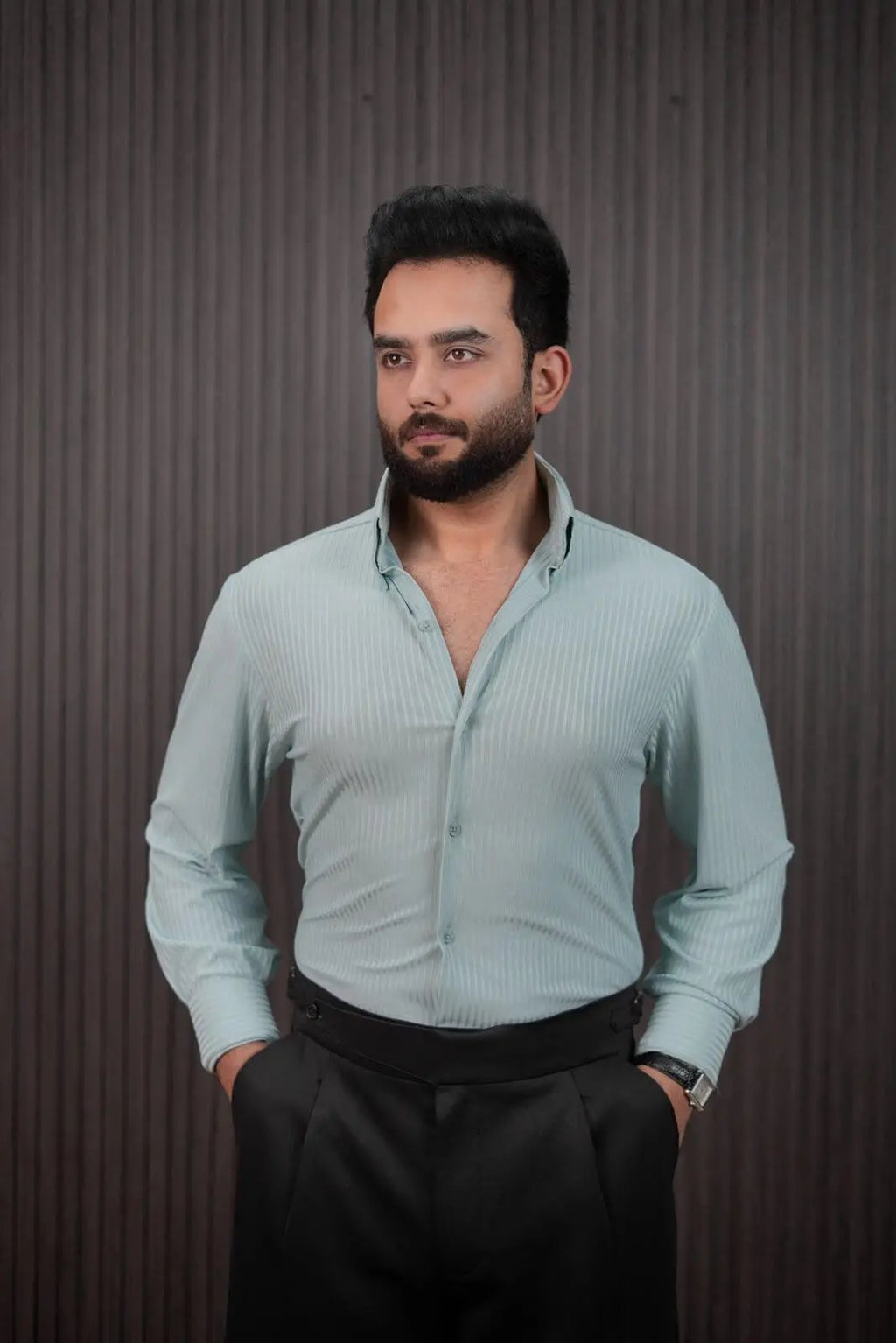 Men wearing mint pinstripe slim fit formal shirt – front view
