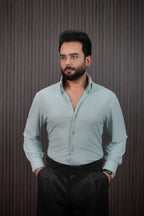 Men wearing mint pinstripe slim fit formal shirt – front view