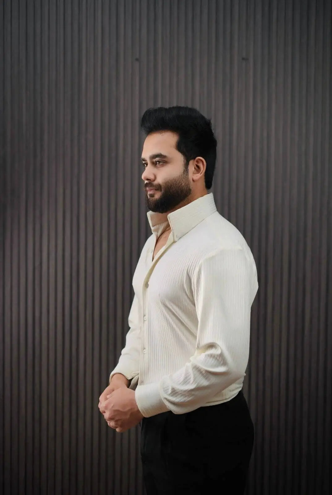 Men wearing ivory pinstripe slim fit formal shirt – side view