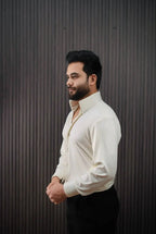 Men wearing ivory pinstripe slim fit formal shirt – side view