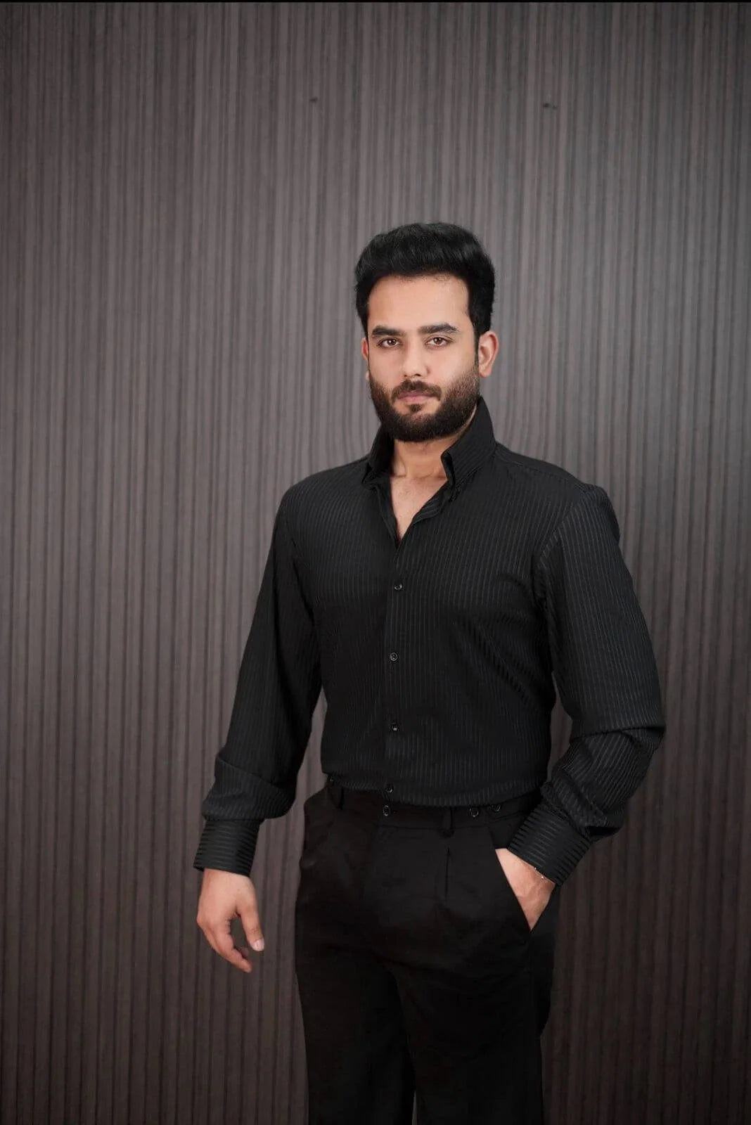 Men wearing black pinstripe slim fit formal shirt – front view