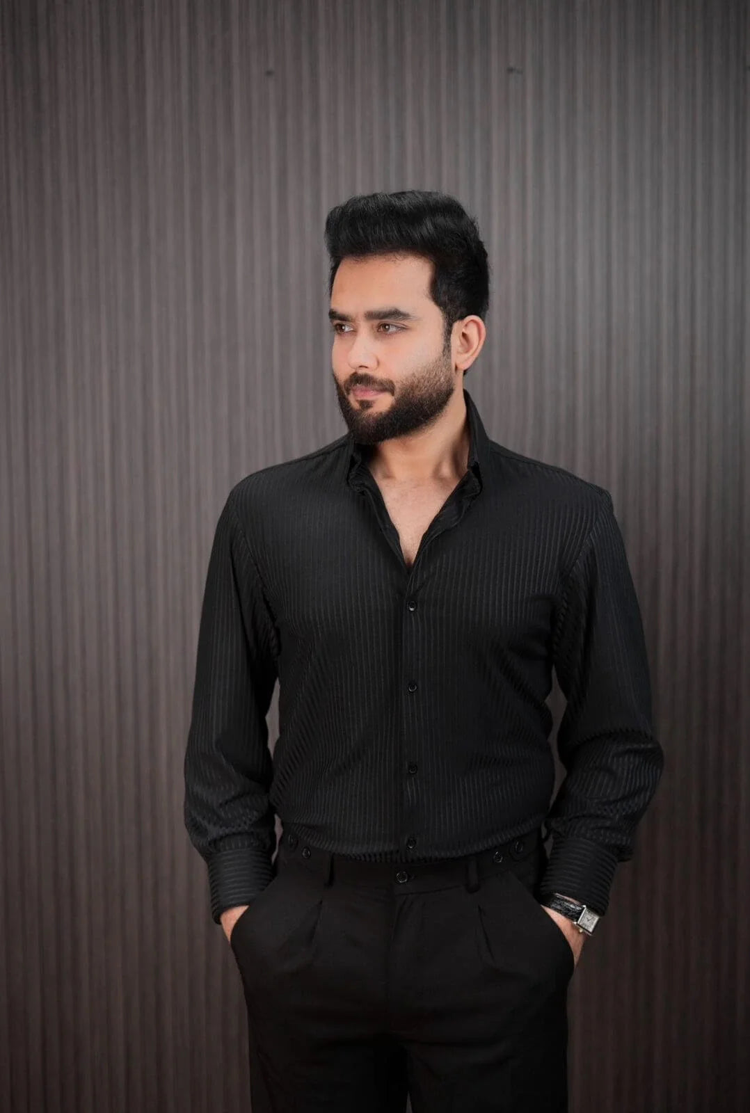 Black pinstripe formal shirt for men – collar detail