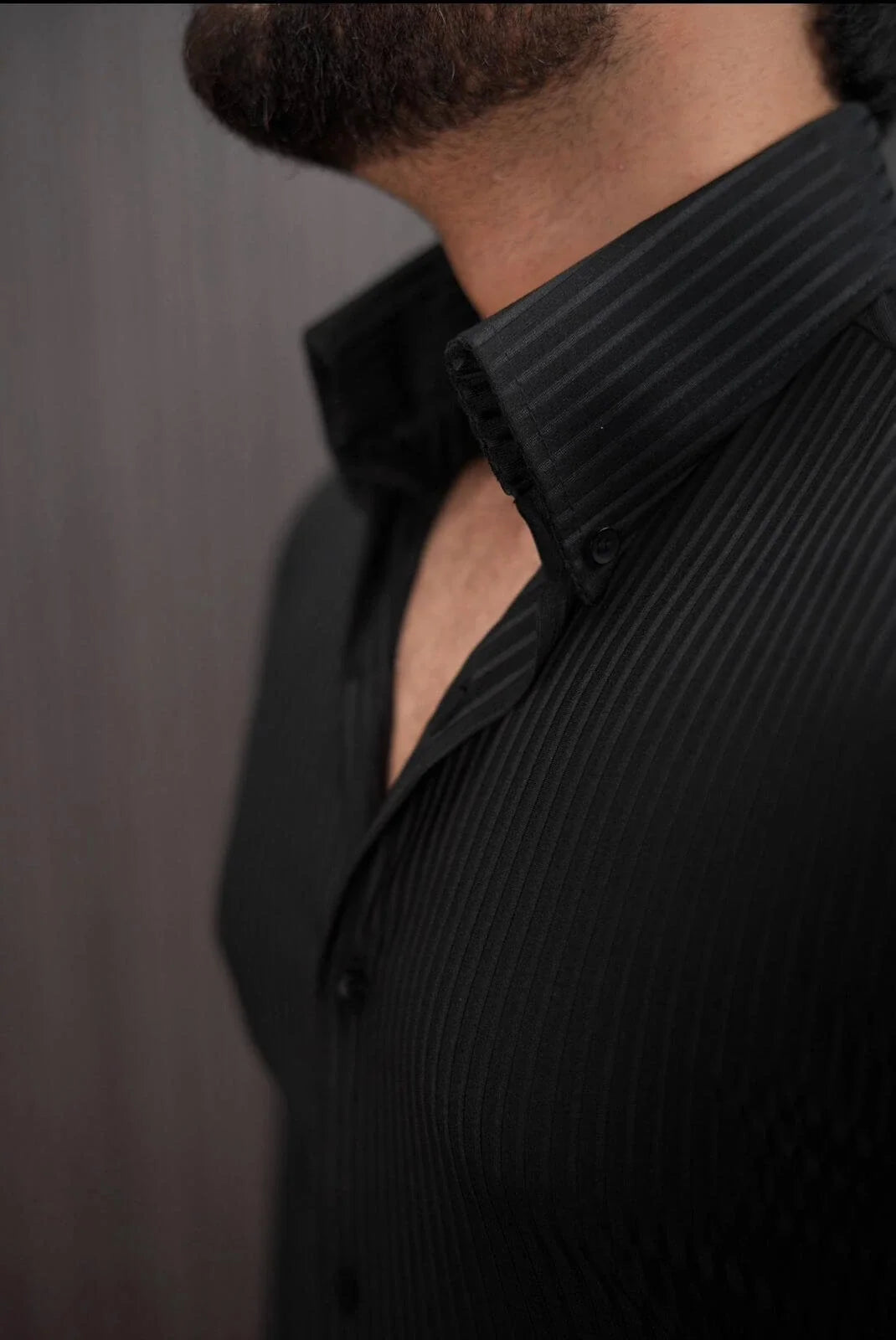 Men’s black pinstripe summer shirt – close-up fabric texture
