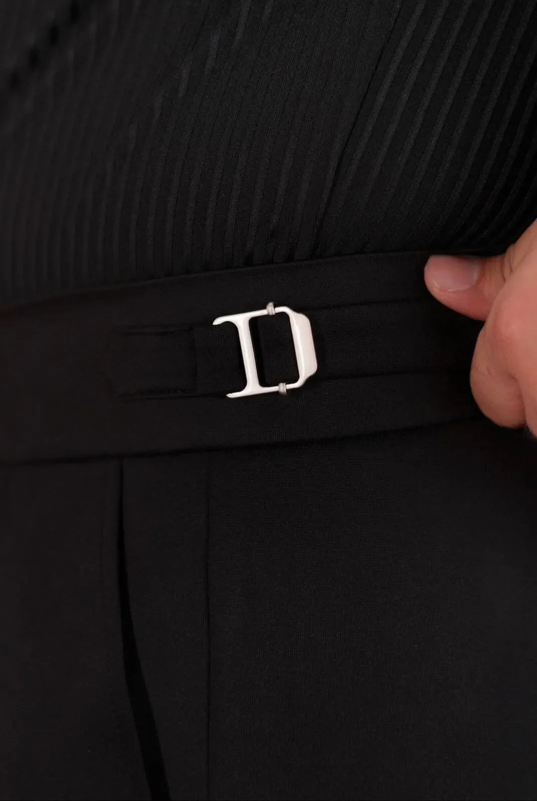 Men’s black gurkha pants – adjustable side buckle close-up