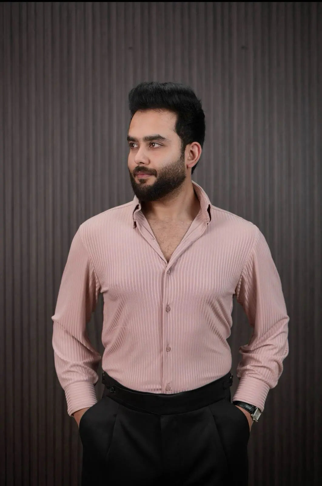 Men wearing peach pinstripe slim fit formal shirt – front view
