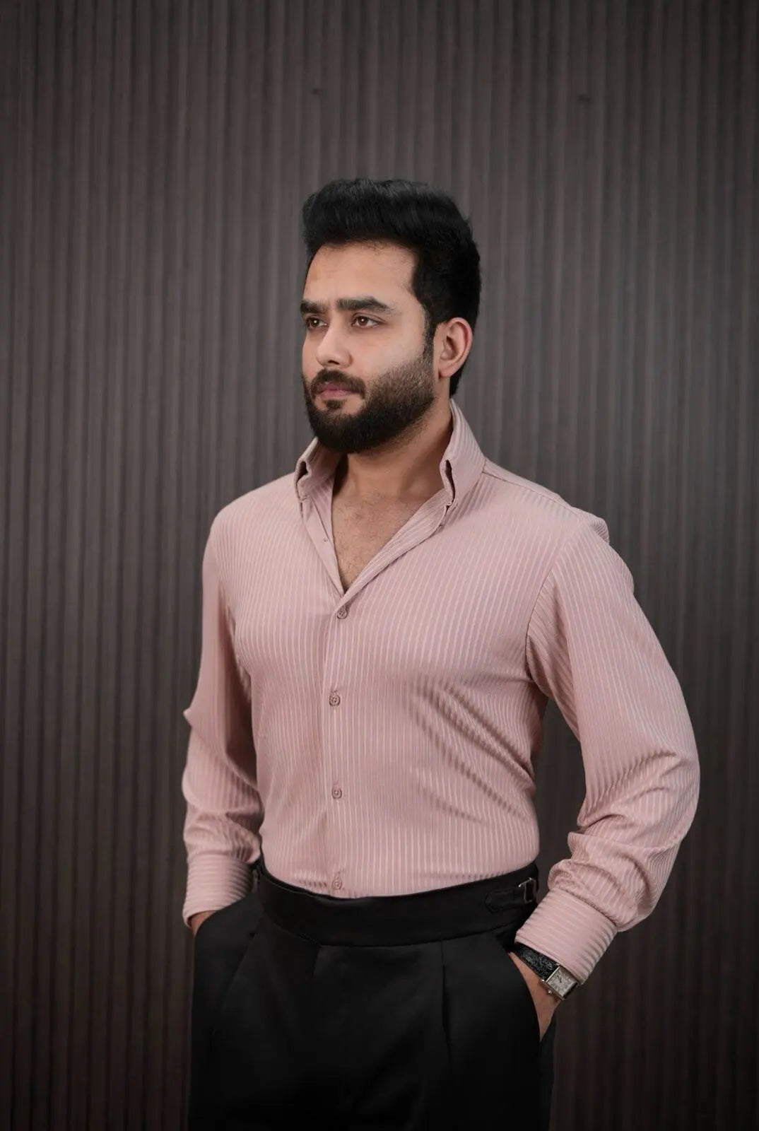 Men’s peach pinstripe summer shirt – side profile