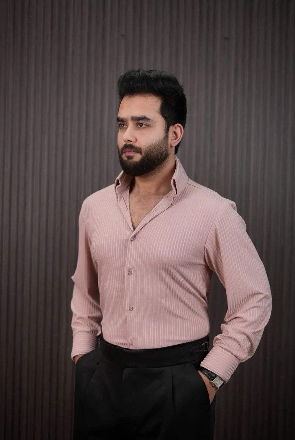 Men’s peach pinstripe summer shirt – side profile