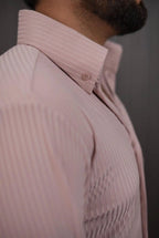Peach pinstripe formal shirt collar close-up – fabric texture
