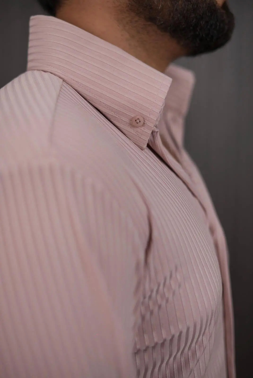 Peach pinstripe formal shirt collar close-up – fabric texture