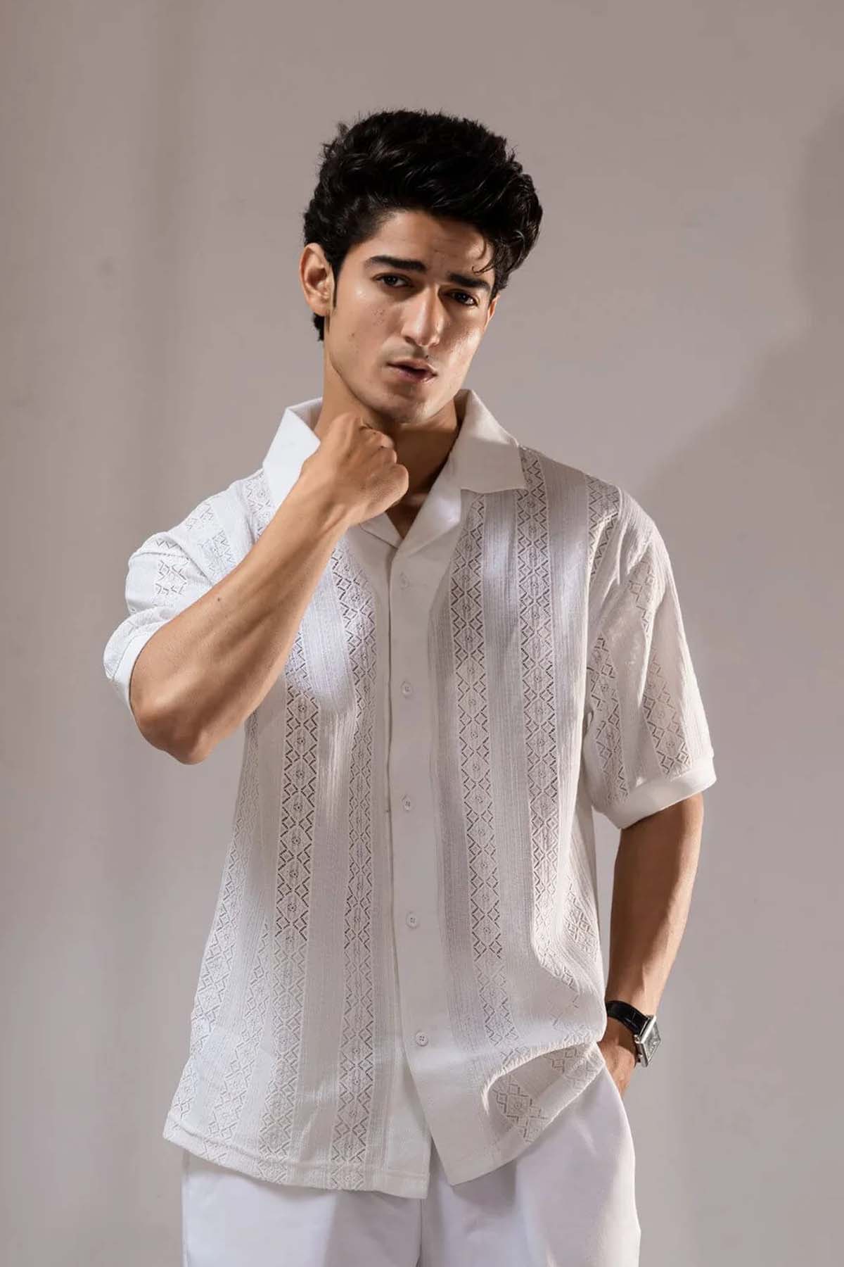 Jacquard Cuban Collar Shirt White