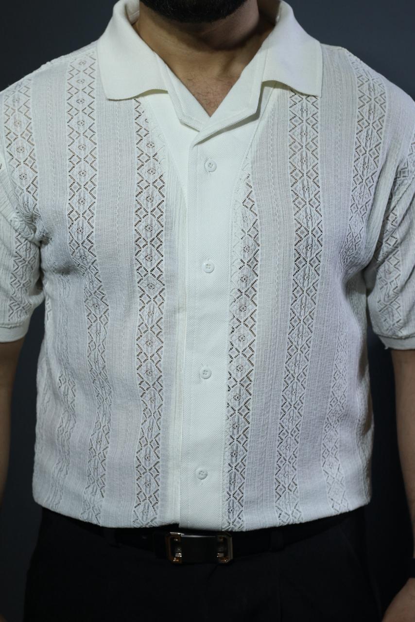 Jacquard Cuban Collar Shirt White